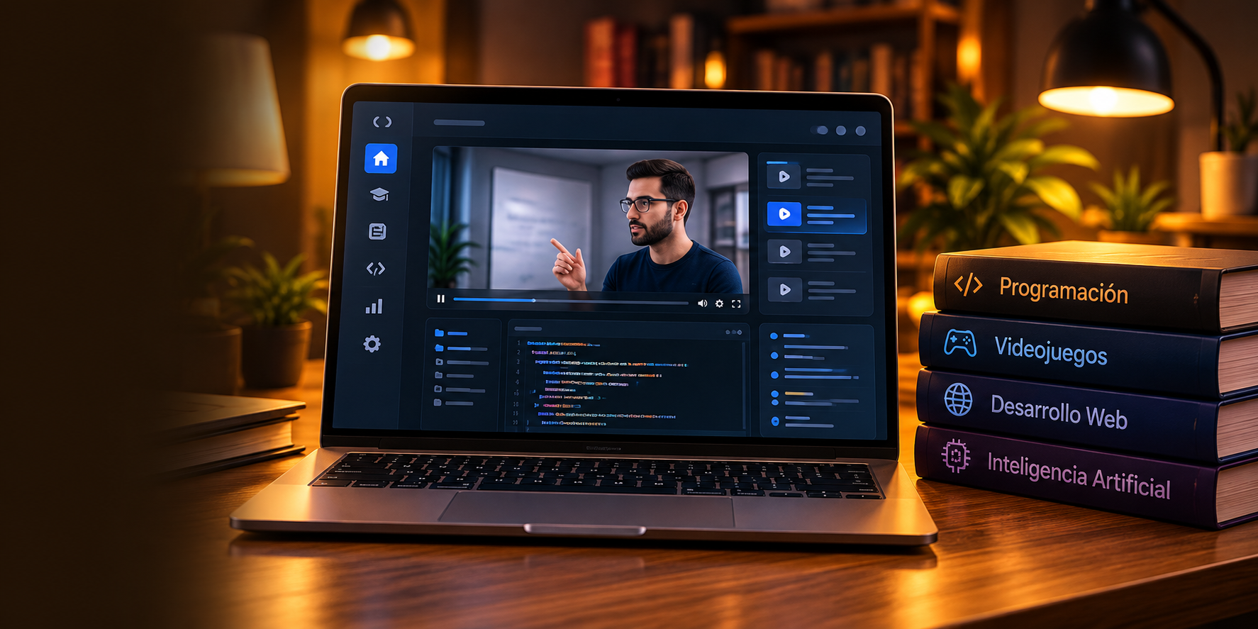 Laptop con una clase de programación y libros de desarrollo web y videojuegos